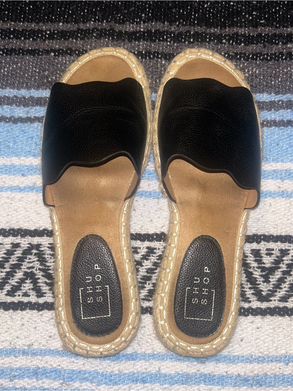 ShuShop Black Leather Espadrille Slide Mules